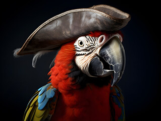 Parrot in a pirate costume, pirate themed event, pirate party, on a black background, tropical...