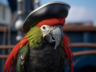 Parrot on the deck of a ship with a pirate hat, pirate bird for a pirate event, pirate party,...