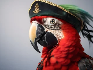 Foto op Aluminium Parrot in a pirate costume, pirate themed event, pirate party, on a white background, tropical bird, paradise bird,  pirate hat, isolated © GrafitiRex