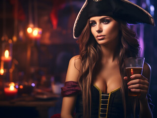 Woman in a pirate costume drinking a beer at a bar, historical costume, costume party, pirate...