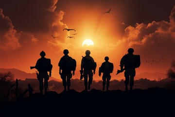 Heroic American soldiers shadows grace a desert sunset, defending freedom
