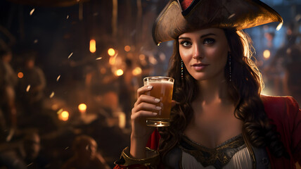 Woman in a pirate costume drinking a beer at a bar, historical costume, costume party, pirate costume, halloween costume, pirate party, pirate themed event, birthday, costume party
