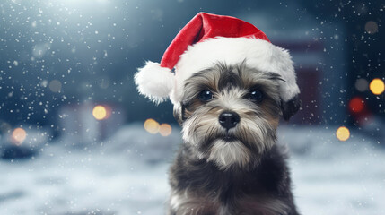Dog with red santa claus hat , christmas and new year background 