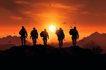 Heroic American soldiers shadows grace a desert sunset, defending freedom - obrazy, fototapety, plakaty