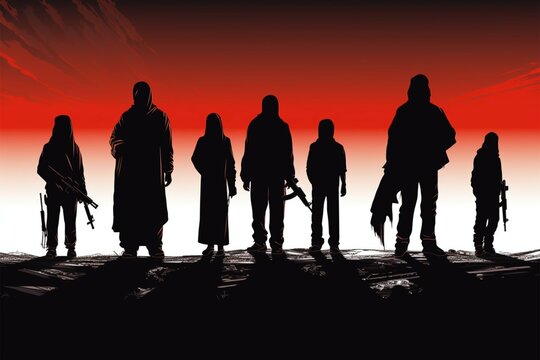In a minimalist flat style, the ominous silhouette of terrorists