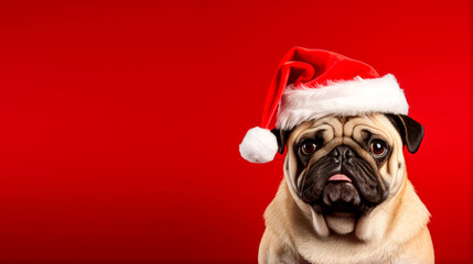 Pug dog  with red santa claus hat , christmas and new year background 
