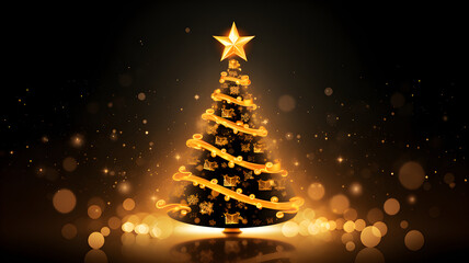 Christmas Tree logo with ribbon in bokeh yellow light background