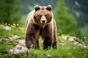 Obraz premium Brown bear moving on the green meadow in springtime nature.