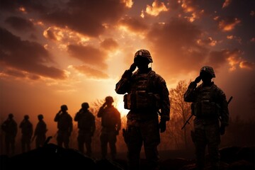In the sunsets embrace, soldiers silhouettes honor with resolute salutes - obrazy, fototapety, plakaty