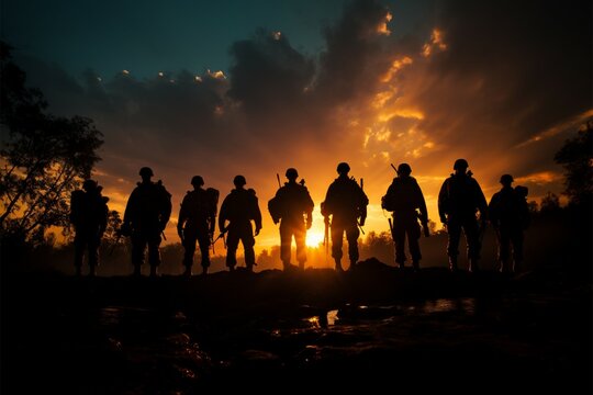 In the sunsets backdrop, soldiers silhouettes depict strength and courage