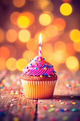 A birthday cupcake with a candle