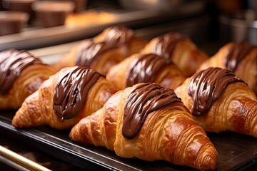 Chocolate croissants in bakery.