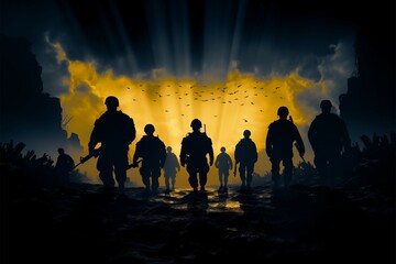 Fototapeta premium In wars shadow, The Unseen Courage of soldiers silhouettes emerges
