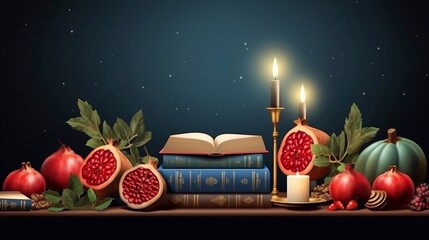 Happy Yalda night horizontal banner template with symbols holiday - watermelon, pomegranate, nuts, candles and poetry books. Iranian festival night of forty of winter solstice celebration - obrazy, fototapety, plakaty