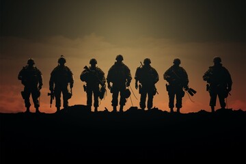 Fototapeta na wymiar Minimalist side silhouette army soldiers disciplined shadows in profile