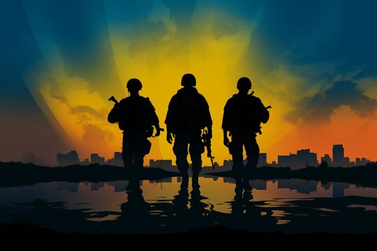 Military silhouette set against a dynamic yellow and blue gradient
