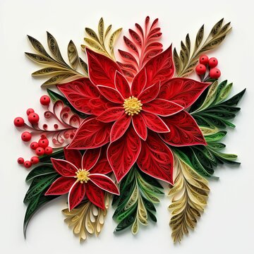 Quilled Poinsettia Bouquet, Graceful Holiday Christmas Paper Quilling, Flower Craft Isolated on White Background