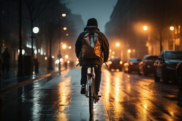 A man riding a bicycle on a rainy evening street
