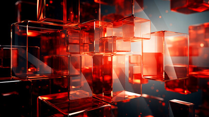 abstract Red background with glass hexagons and elements 