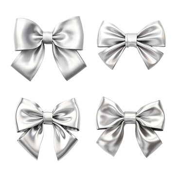 Set Realistic shiny silver bow and satin ribbon isolated on transparent background. Green ribbon white bows. Concept for invitation, banners, gift cards. Template for brochure or postcard