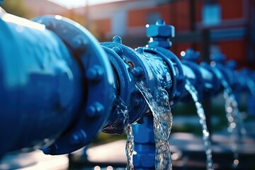 Closeup new blue taps with valve for drinking water pipeline, banner industry waterworks - obrazy, fototapety, plakaty