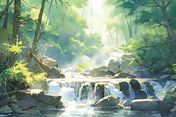 Watercolor scene of a cascading waterfall surrounded by rainforest. - obrazy, fototapety, plakaty