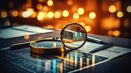 Strategic Business Audit and Financial Management: Analyzing Data for Profitable Growth, Magnifying glass science and technology, Graphs and dashboard