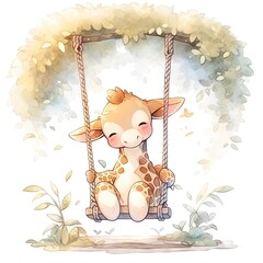 Cute baby giraffe on swings on the tree in watercolor style.