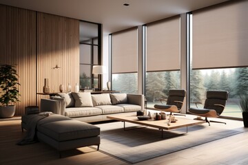 Modern interior with large roller blinds automatic solar and blackout shades - Powered by Adobe