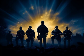 Silent Guardians Soldiers silhouettes whisper tales of unwavering dedication - obrazy, fototapety, plakaty