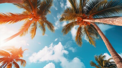 palm trees in summer on the beach view of the sky from below