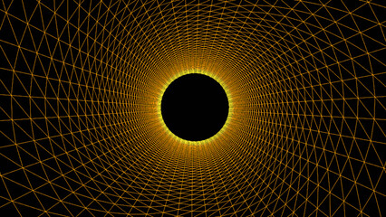 Yellow wireframe tunnel, Abstract wireframe funnel. Abstract dynamic wormhole tunnel on black background. Deep wavy wormhole. 3d rendering