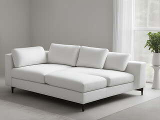 Moderno sofá textil blanco junto a una ventana. Vista de frente.  IA Generativa