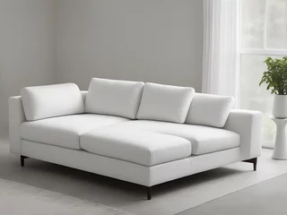 Fotobehang Moderno sofá textil blanco junto a una ventana. Vista de frente.  IA Generativa © Mercedes Fittipaldi