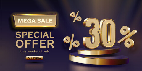 Mega sale, 30 special offer banner. Golden sign board promotion. Vector illustration