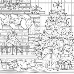 Christmas tree and fireplace.Coloring book antistress for children and adults. 