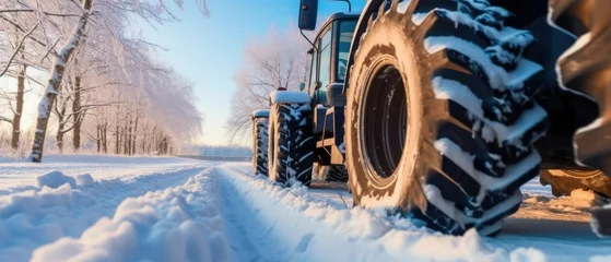 Tuinposter  Low angle view to tractor tires winter snow © mariyana_117