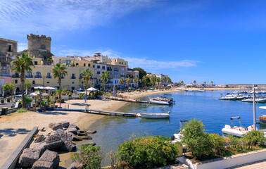 Townscape of Forio on the Ischia Island, Italy. On the left the Tower, symbol of the town. - obrazy, fototapety, plakaty