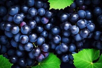Fototapeta premium Flat lay background of vines, lots of organic blue dark grapes.