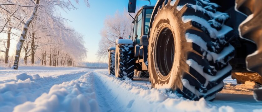 Fototapeta  Low angle view to tractor tires winter snow