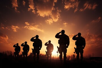 Fototapeta na wymiar Silhouetted soldiers salute under the warm hues of a setting sun