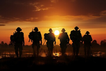 Fototapeta na wymiar Silhouetted soldiers on a sun kissed field, guardians of twilights peace