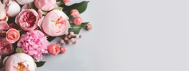 Fresh bunch of pink peonies and roses with copy space. - obrazy, fototapety, plakaty