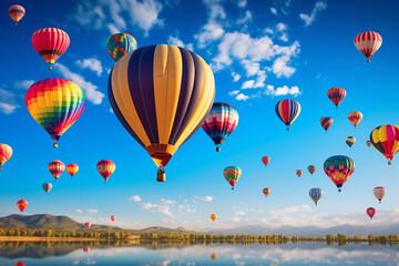 Obraz premium Hot air balloons flying high in sky at sunset. 3d rendering