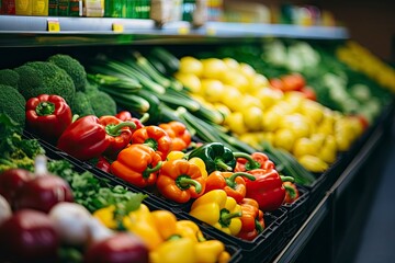 Fruits and vegetables on shop stand in supermarket grocery store.