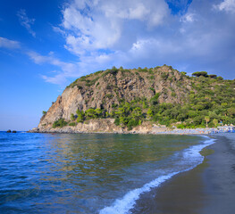 View of San Montano Beach situated in the municipality of Lacco Ameno in Ischia Island, Italy.