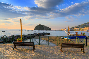 Sunrise view of Ischia, italy. Townscape of Ischia Ponte from Fisherman's Beach.