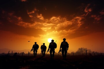 Soldiers in silhouette, united, as the sun bids farewell