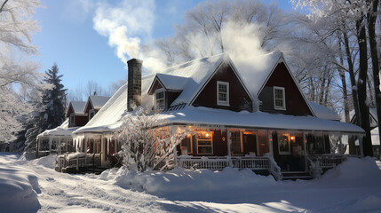 A quaint sugar shack nestled in a snow-covered maple grove, billowing with sweet-scented steam from the boiling sap