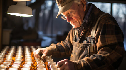 Fototapeta premium An experienced syrup maker testing the viscosity of freshly boiled maple syrup, capturing the moment it reaches the perfect consistency